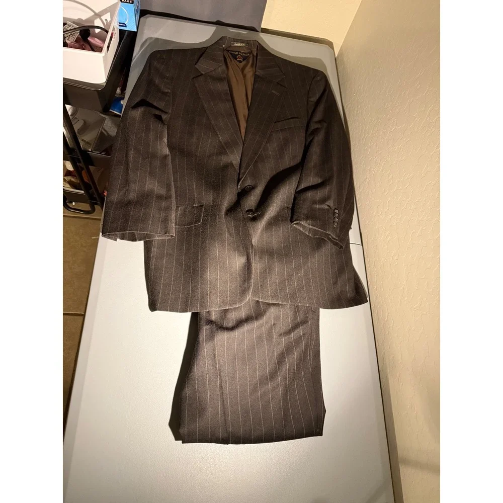 Tommy Hilfiger Mens Brown Pinstripe 2 Piece Suit Blazer Pleated Pants Dillard's